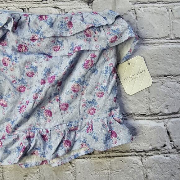 Altar'd State Cassis Light Blue Floral Print Frilly Ruffle Bandeau Crop Top NWT - Picture 4 of 11